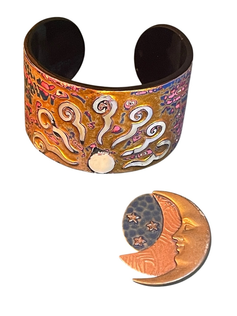 Vintage Artisan Celestial MOP Inlaid Cuff Bracelet & Copper Moon Brooch - Picture 3 of 12